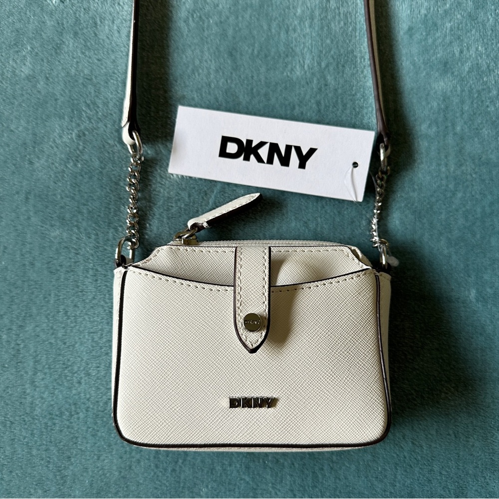 DKNY White Thomasy Micro Mini Crossbody with Silver Chain Accented Strap NWT